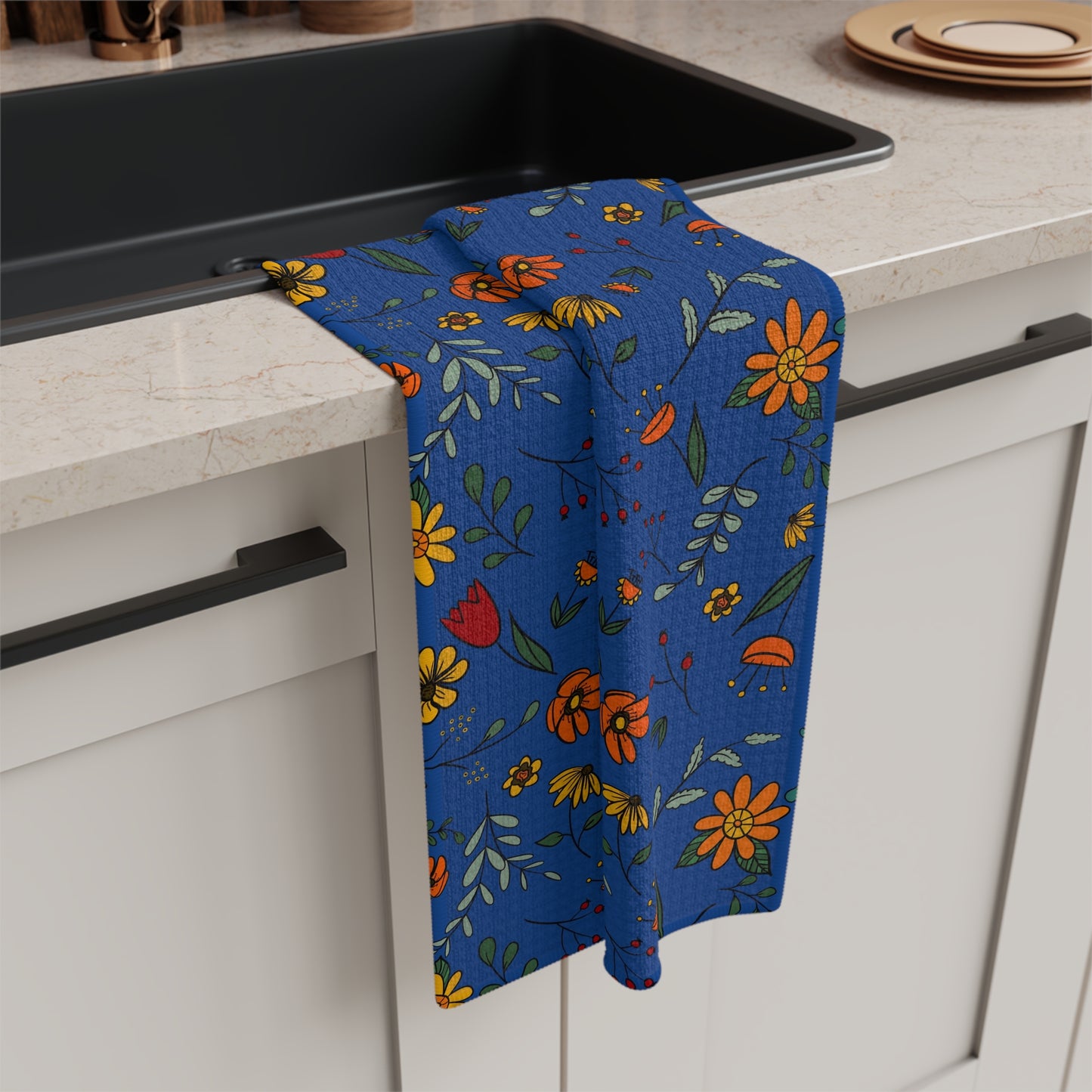 Autumn Floral - Cobalt - Soft Tea Towel