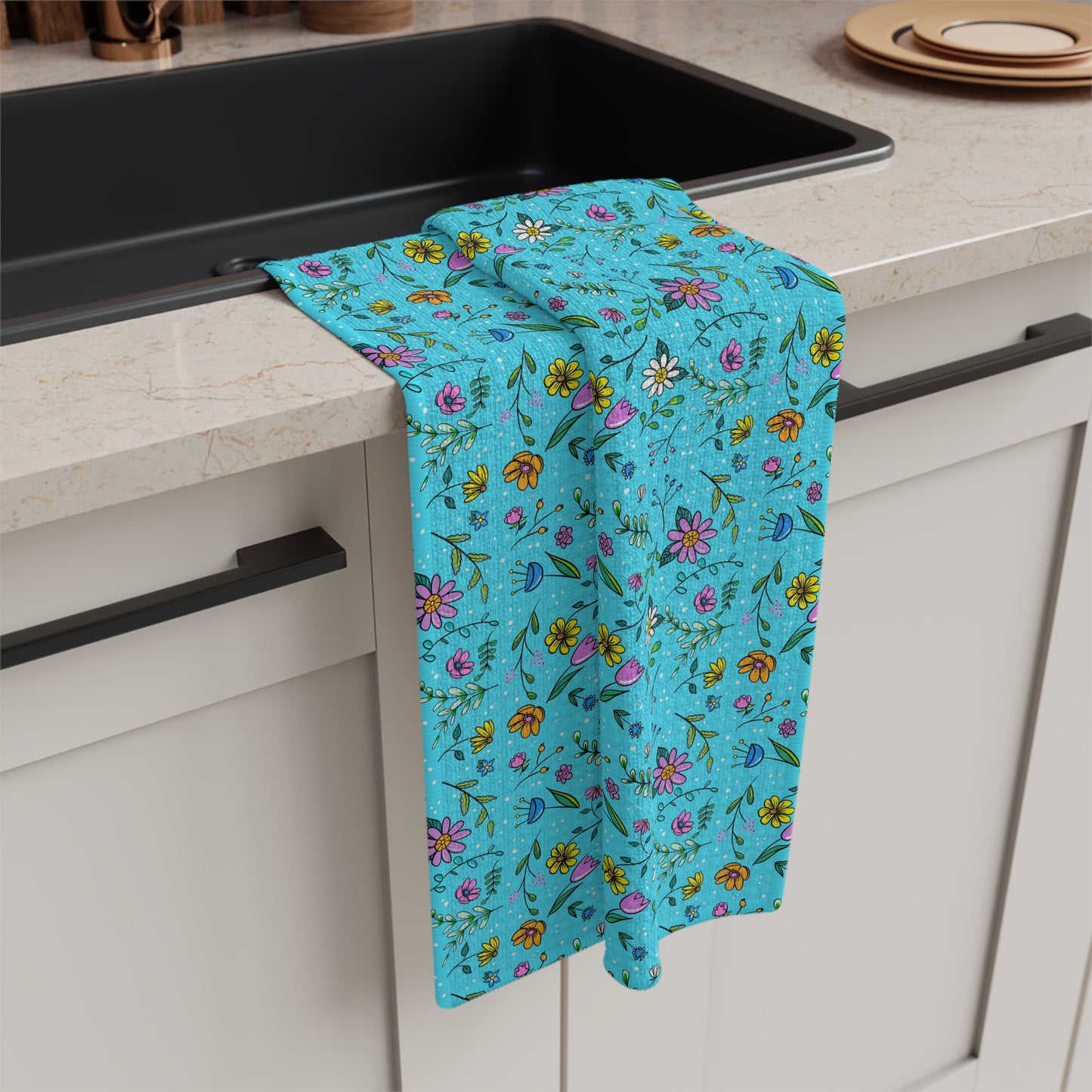 Spring Floral Toss - Aqua - Soft Tea Towel